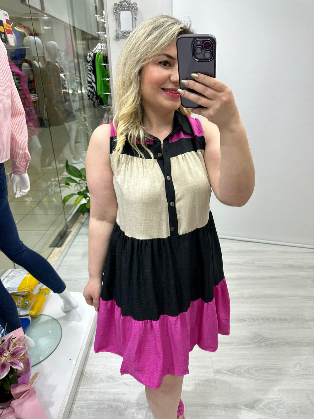 Siyah Pembe Garnili Kolsuz Elbise 5974