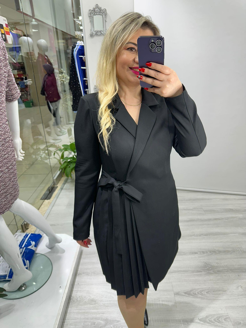 Siyah Piliseli Double Ceket Elbise stp 25k2417 