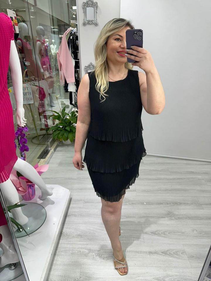 Siyah Premium İnce Piliseli 3 Katlı Kolsuz Şifon Elbise stp 25Y2627