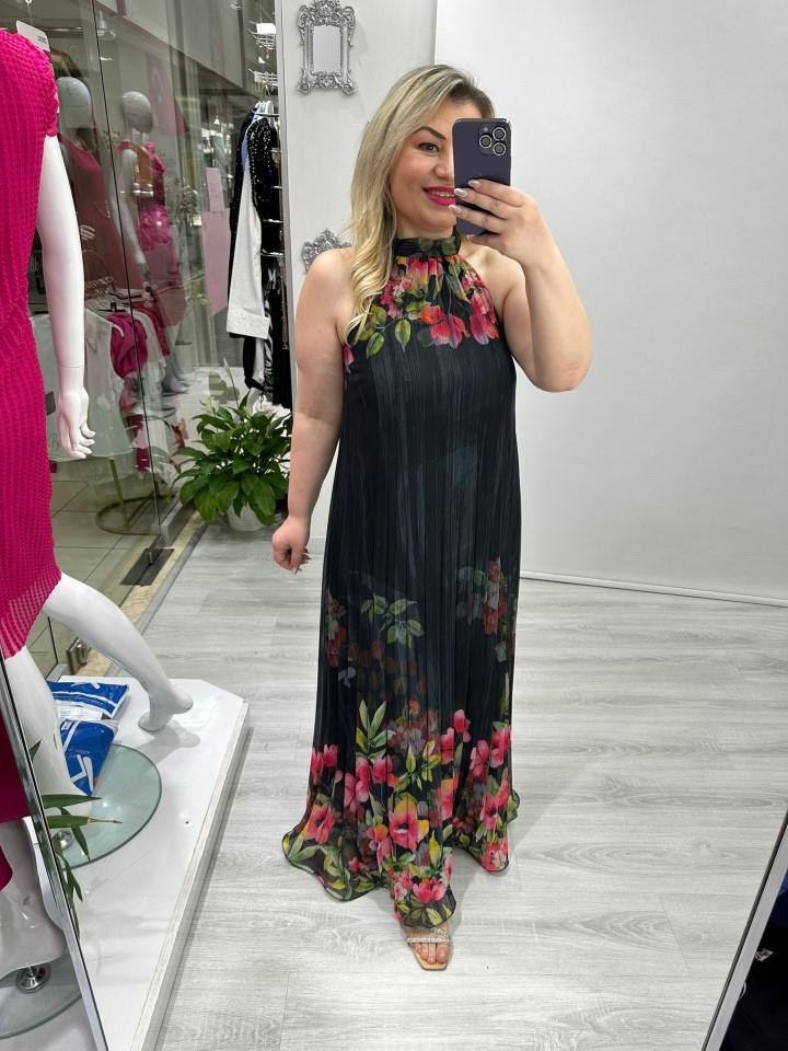 Siyah Premium Seri Plisoley Çiçek Desenli Halter Yaka Elbise mc 5064