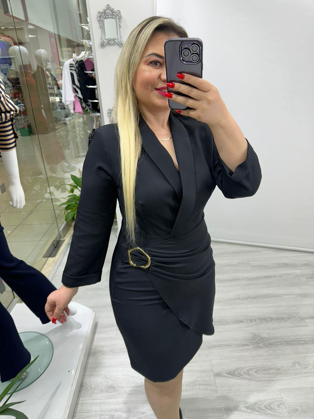 Siyah Şal Yaka Gold Toka Detaylı Elbise 5992