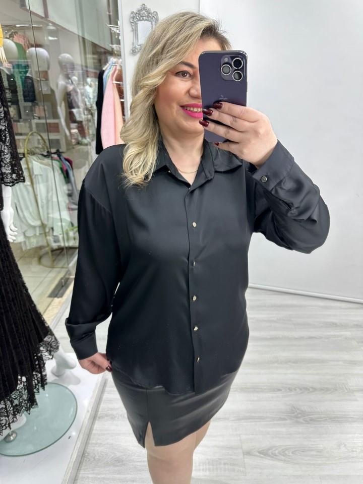 Siyah Saten Düz Gömlek Gold Düğmeli stp 26y1012