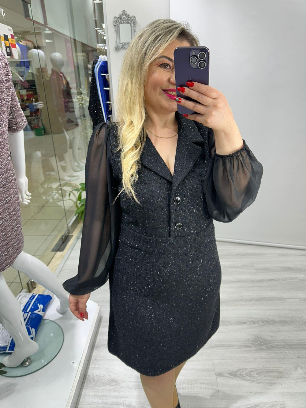 Siyah Simli Şanel Kumaş Kolları Şifon Yakalı Elbise stp 25k2416