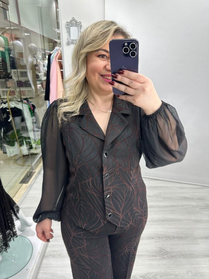 Siyah Üzeri Kahverengi Floklu Kolları Şifon Bluz stp 26y1439