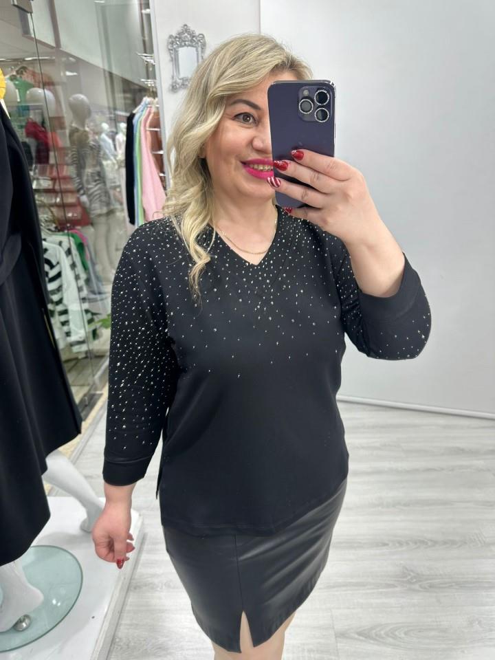Siyah V Yaka Taşlı Fakir Kol Bluz dl 599