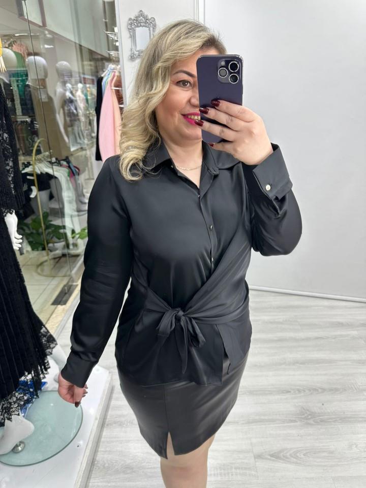 Siyah Yandan Bağlamalı Saten Gömlek Bluz stp 26Y1442