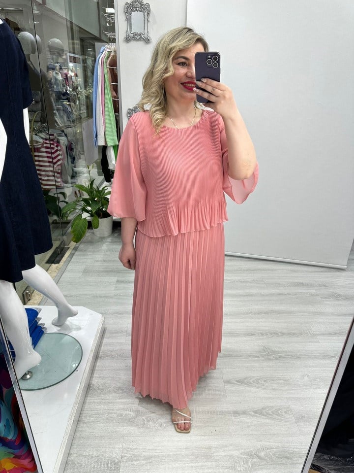 Somon Premium Piliseli 2 Katlı Yarım Kollu Şifon Elbise stp 26y2749