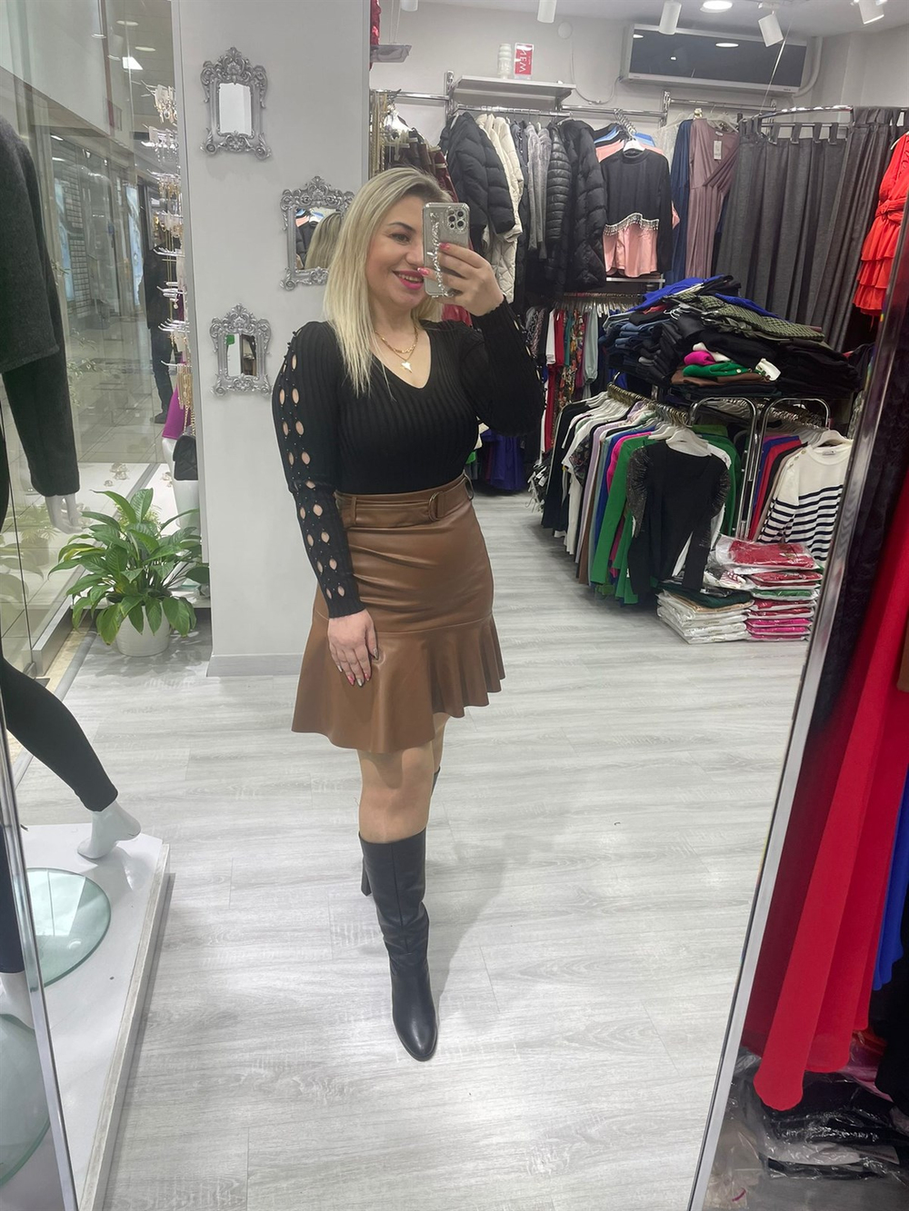 Taba  Valonlu Deri Mini Etek 