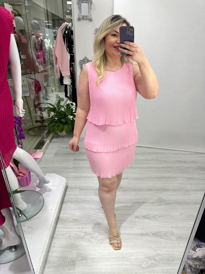 Toz Pembe Premium İnce Piliseli 3 Katlı Kolsuz Şifon Elbise stp 25Y2627