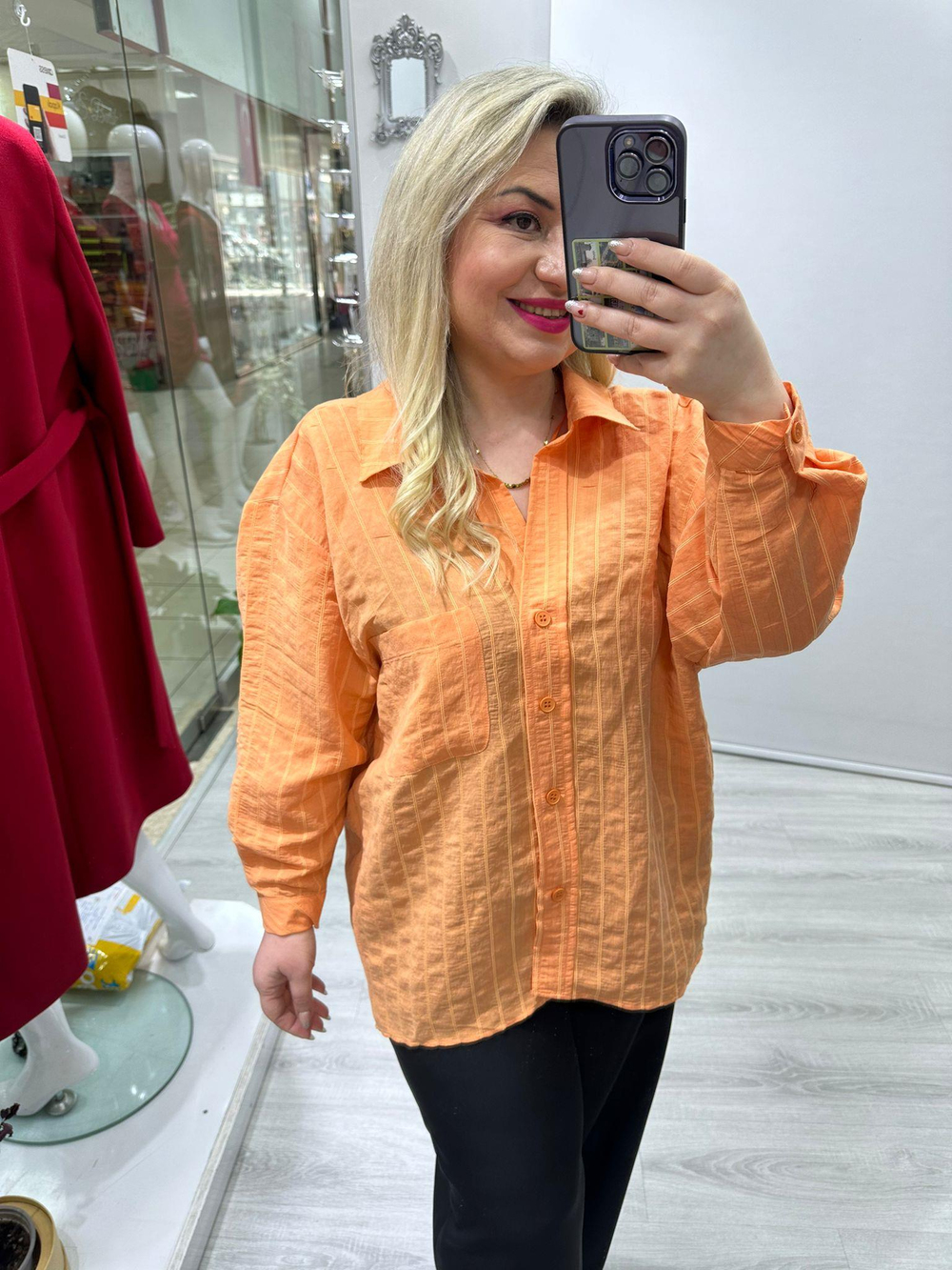 Turuncu Çizgili Tensel Oversize Gömlek 4758