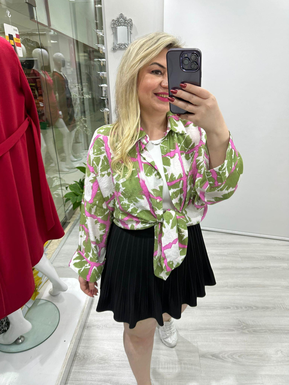 Yeşil Pembe Desenli Oversıze Gömlek 4912
