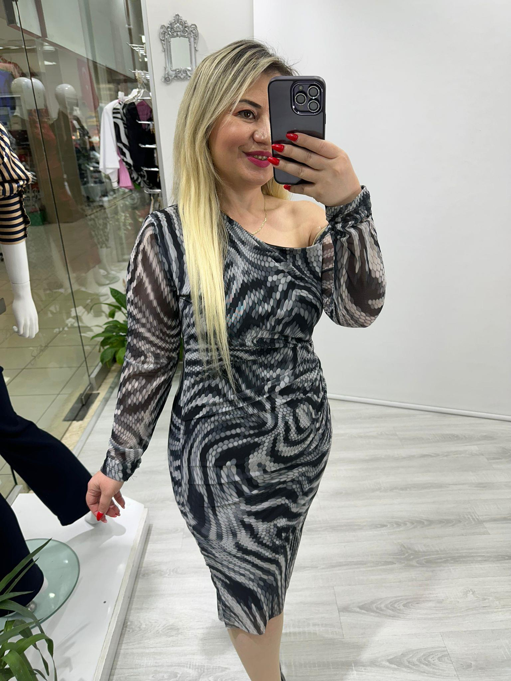 Yılan Desen Siyah Gri Çapraz Omuz Tül Elbise 5997