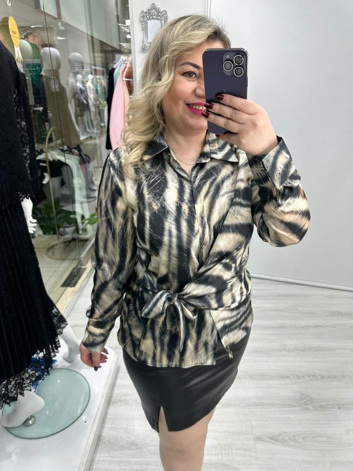 Zebra Desenli Yandan Bağlamalı Saten Gömlek Bluz stp 26Y1448