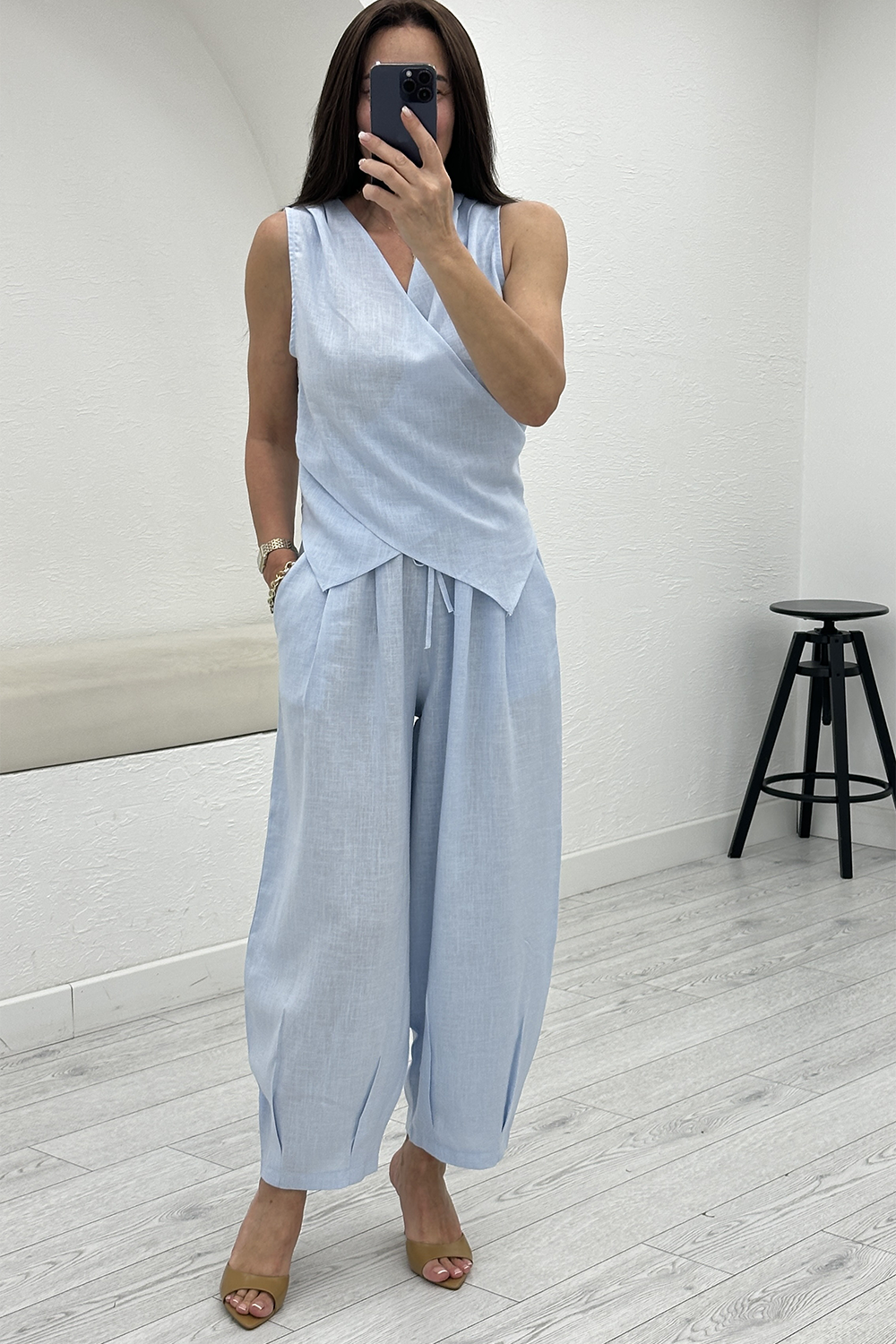 Bebe Mavisi Keten Bluz Pantolon Takım 7365