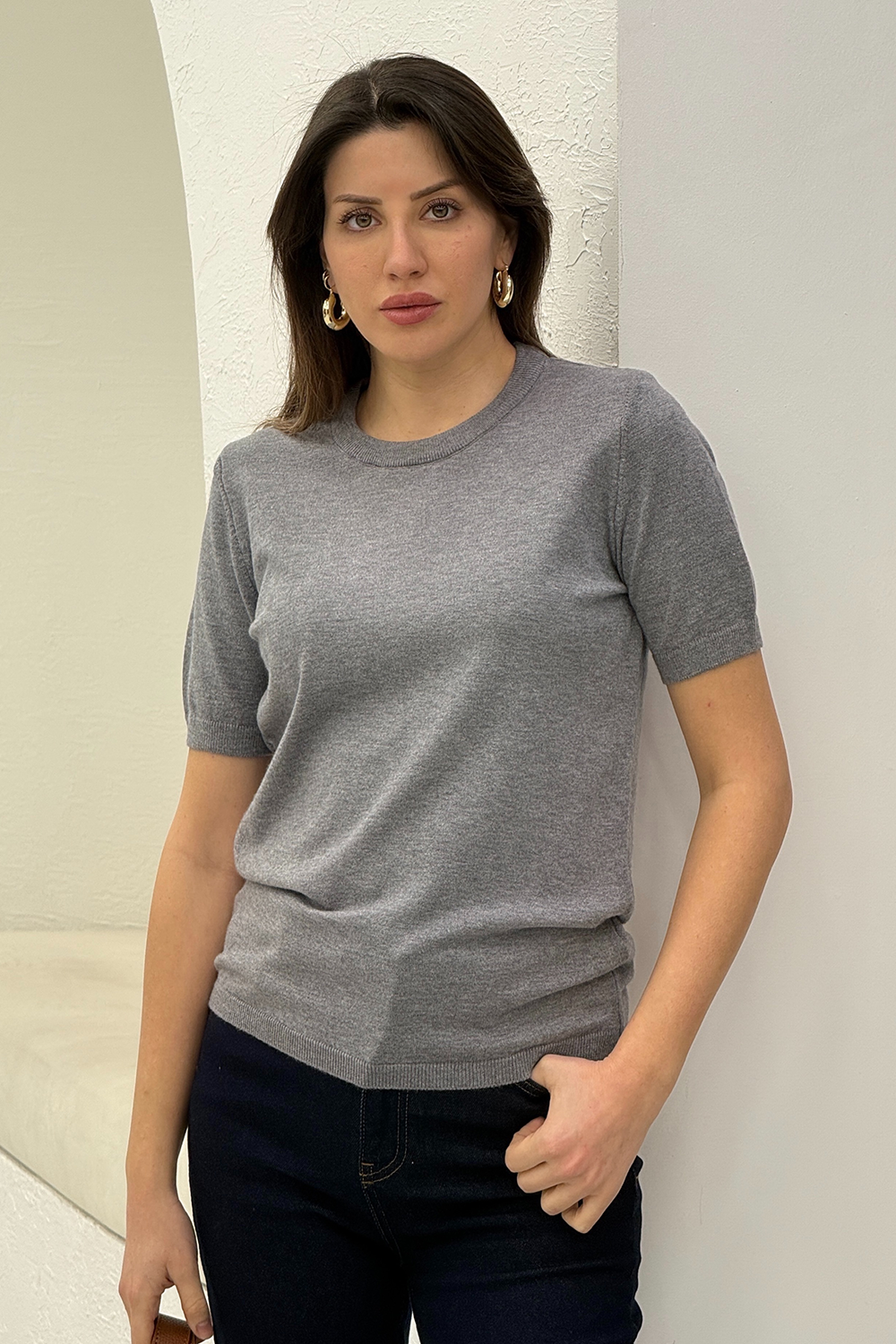 Gri Kısa Kol Bisiklet Yaka Triko 4579