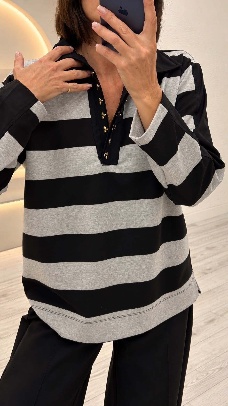Gri-Siyah Polo Yaka Çizgili Sweatshirt 4321