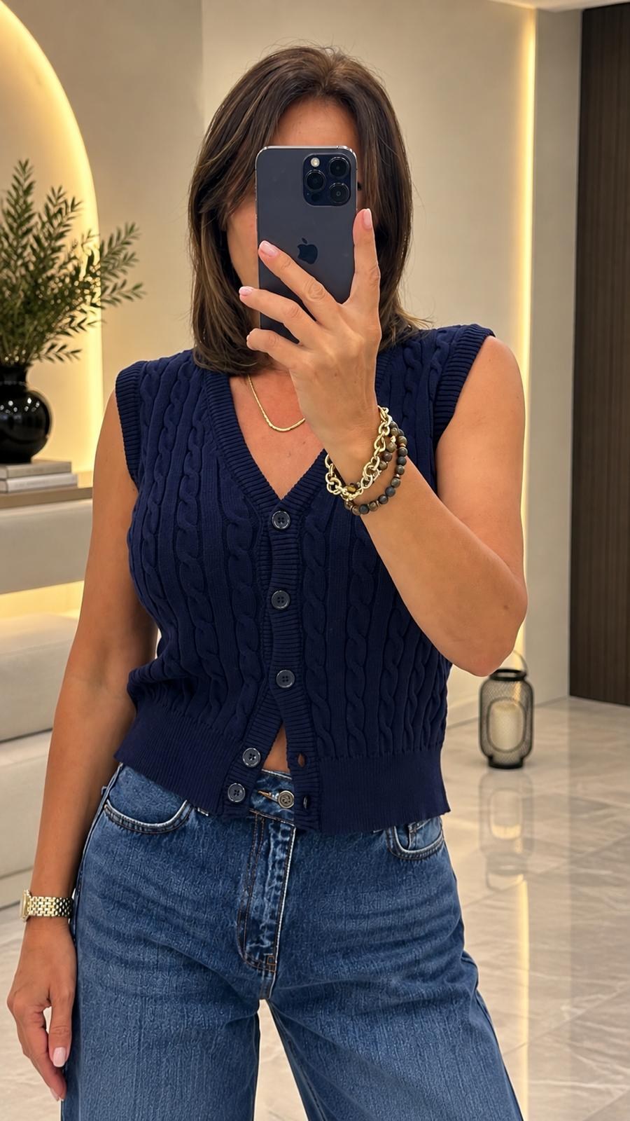Lacivert Saç Örgü Yelek 6481