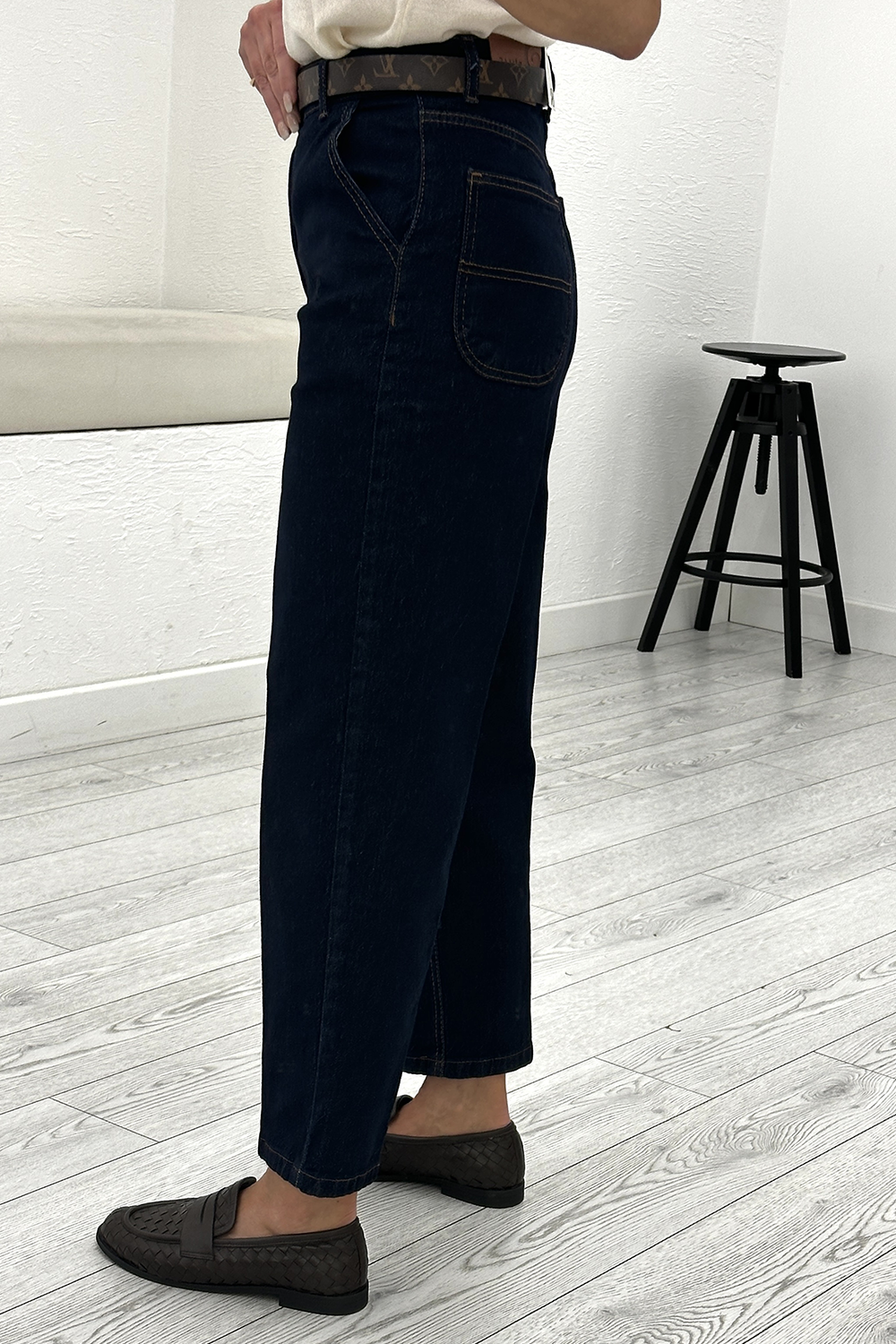 Lacivert Rins Yıkamalı Yüksek Bel Tensel Baggy Jean 3001