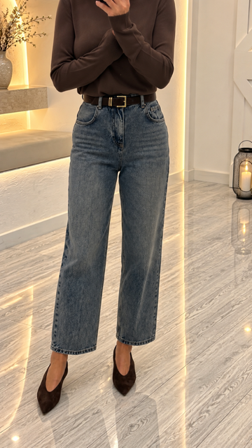 Mavi Tint Yıkama Kemerli Skater Jean 6375