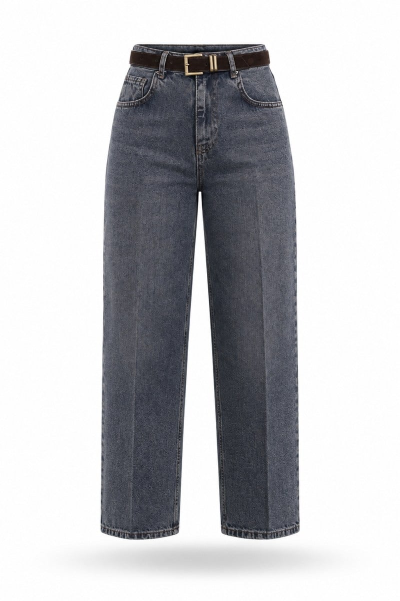 Mavi Tint Yıkama Kemerli Skater Jean 6375