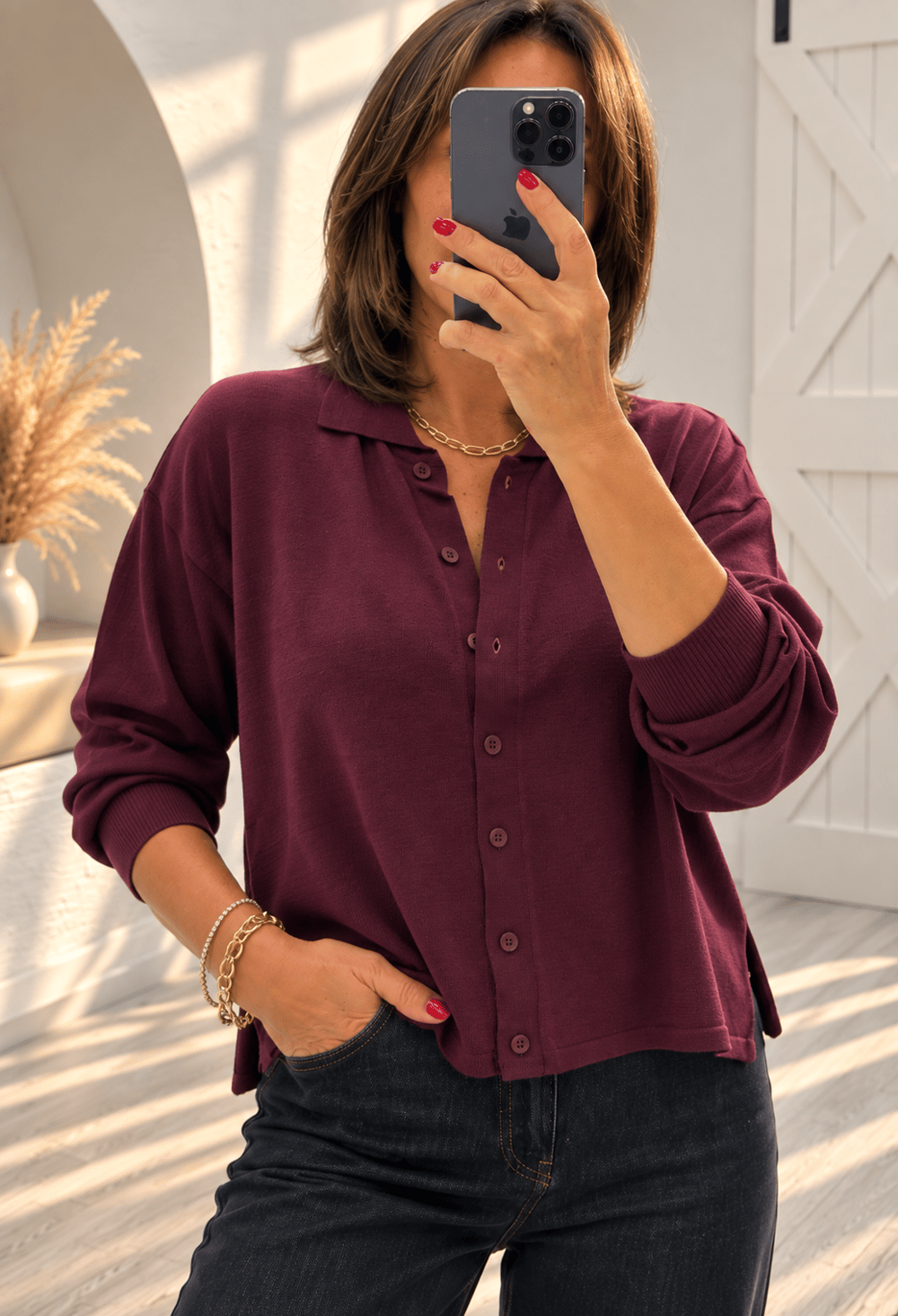 Mürdüm Polo Yaka Hırka 5490
