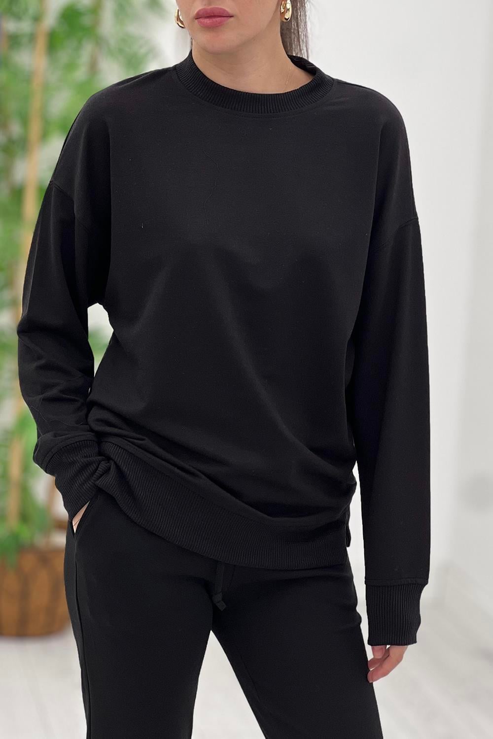 Siyah Bisiklet Yaka Basic Sweatshirt 9002