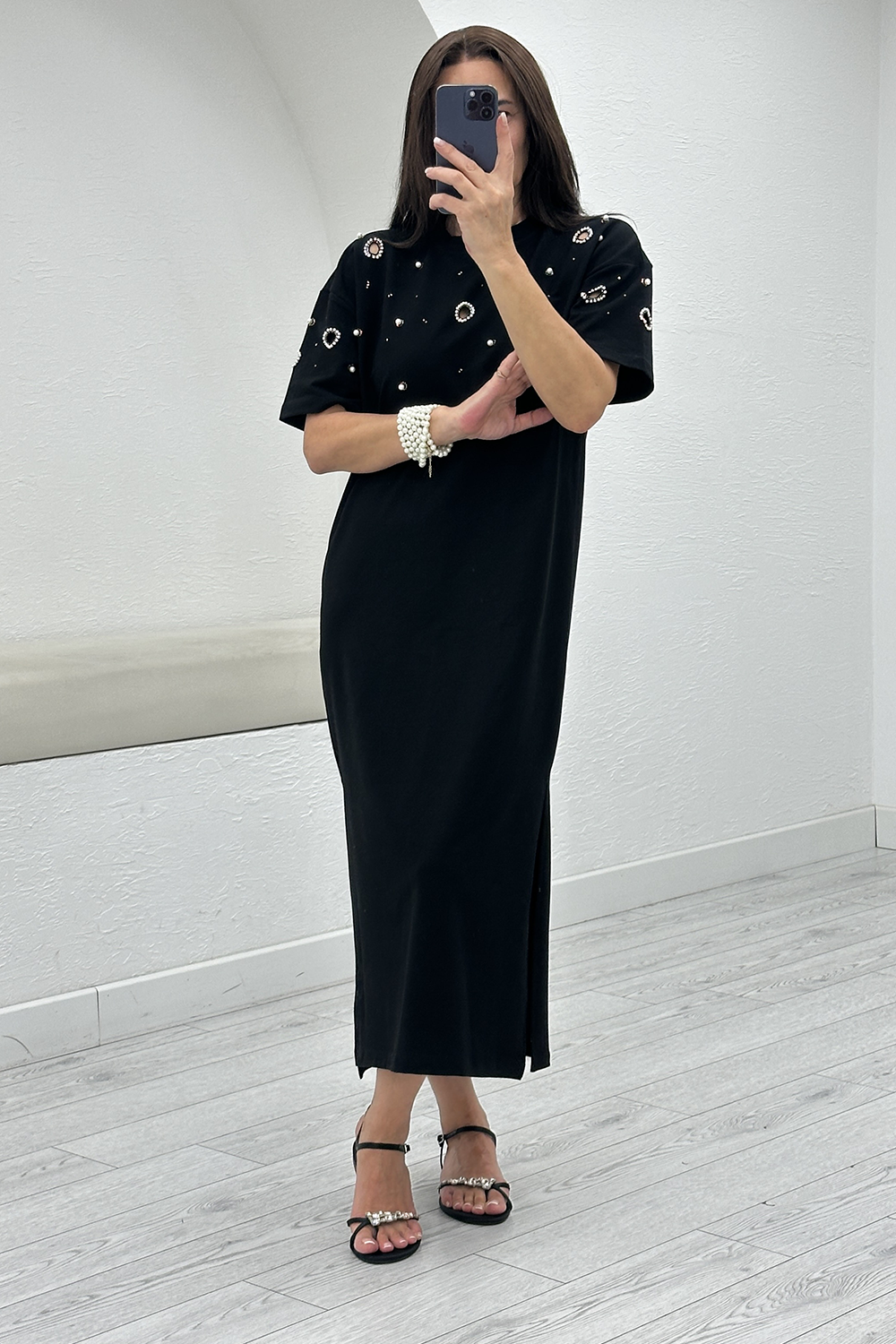 Siyah İnci Detay Elbise 3755