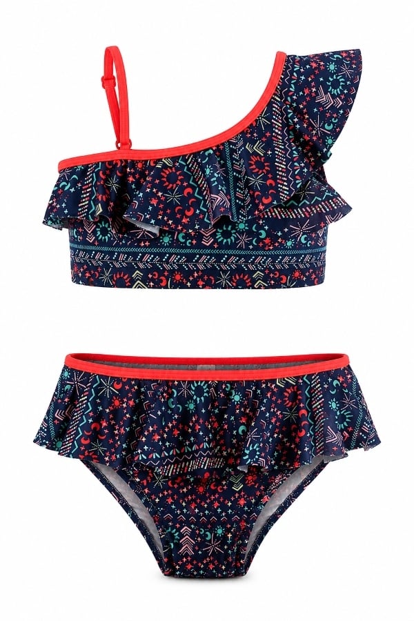 Starinci MayoDesenli Volan Detaylı Kız Çocuk Bikini Takımı