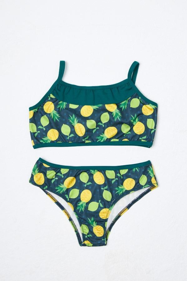 HMMKız Çocuk Bikini Takımı İnce Askılı Yeşil Limon Desenli