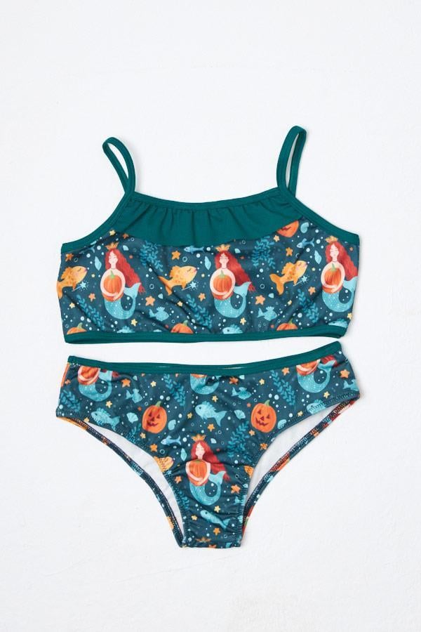 HMMKız Çocuk Bikini Takımı İnce Askılı Yeşil Balık Desenli