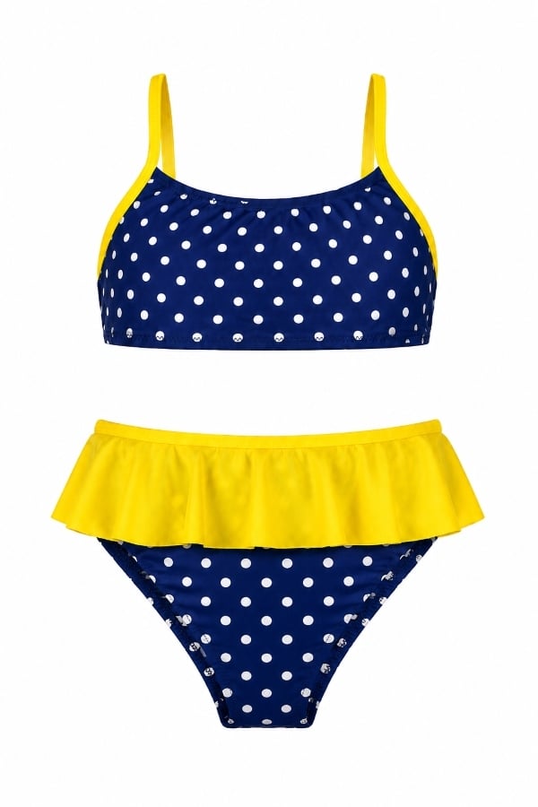 Starinci MayoPuantiyeli Volanlı Kız Çocuk Bikini Takımı Saks Mavi Sarı 2'li Set