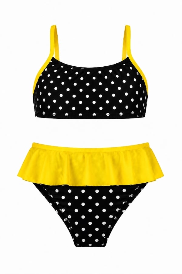 Starinci MayoSarı Volanlı Siyah Puantiyeli Kız Çocuk Bikini Takımı
