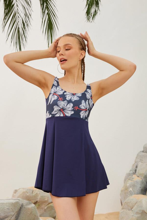 Starinci MayoŞortlu Elbiseli Mayo Modeli Lacivert Gül Desenli