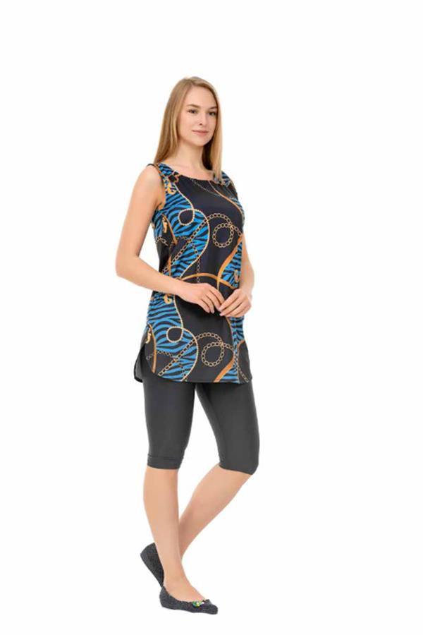 Starinci MayoStarinci Kolsuz Tesettür Mayo Lacivert Yarı Kapalı Mayo Zincir Desenli