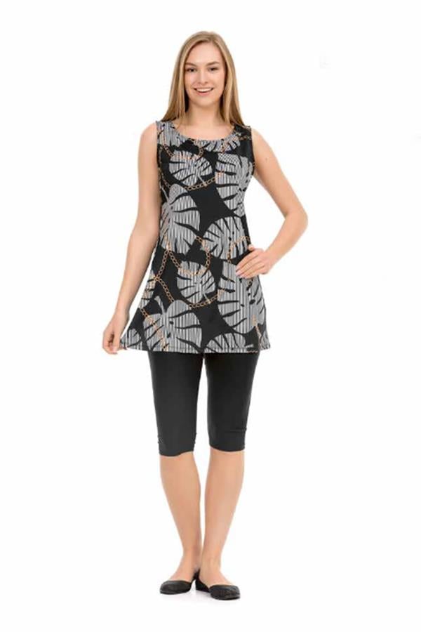 Starinci MayoYarı Kapalı Likralı Tesettür Mayo Siyah Yaprak Desenli