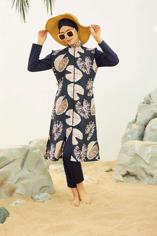 Starinci MayoTam Kapalı Hızlı Kuruyan Tesettür Mayo Lacivert Beyaz Yapraklı