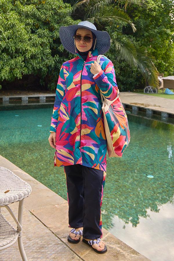 Starinci MayoTam Kapalı Tesettür Mayo Renkli Dev Çiçekli Lacivert