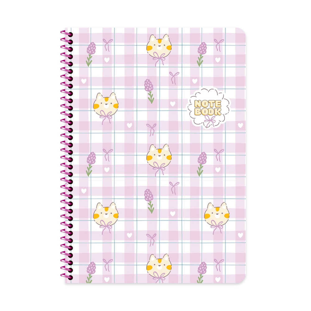 A4 Spiralli Karton Kapak Kareli Kawaii Defter - Kedi