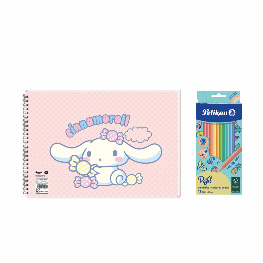 Cinnamoroll 17x25 Spiralli Resim Defteri - Pelikan Pastel Renkler 12'li Kuru Boya 2'li Set
