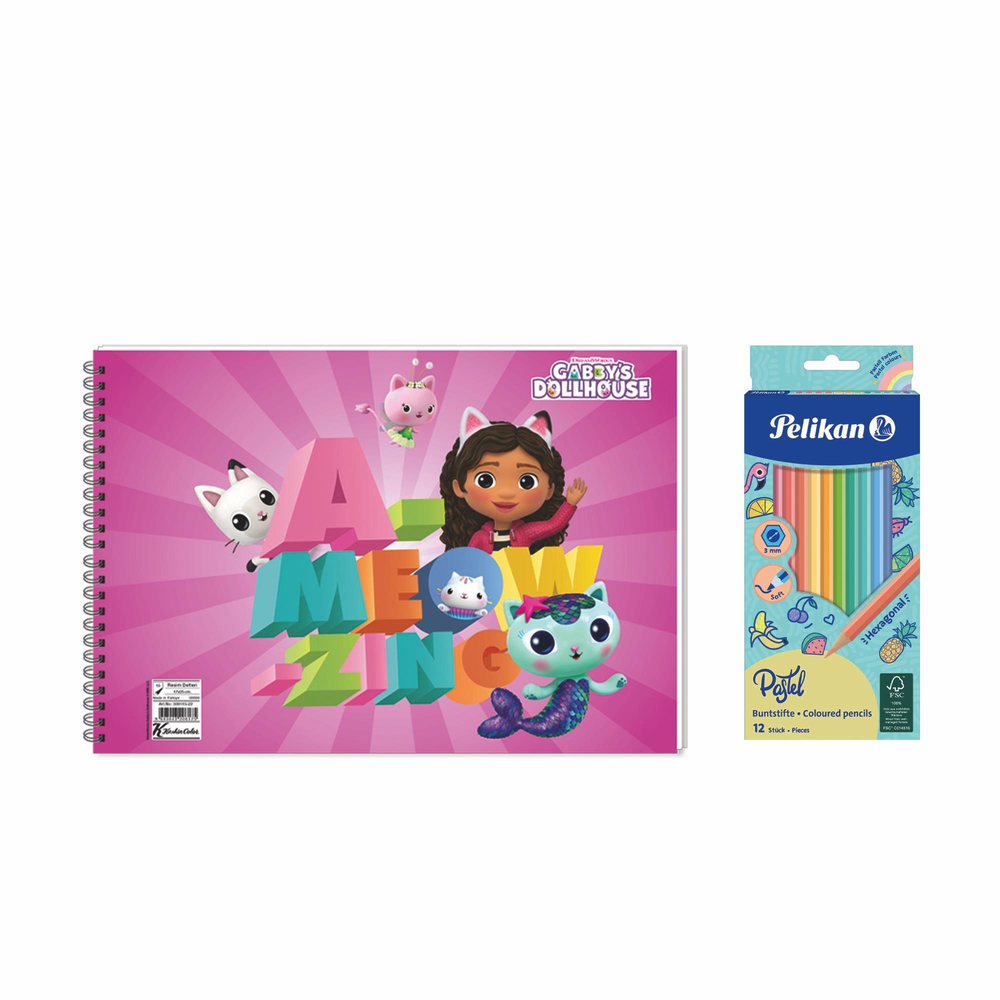 Gabby'nin Hayal Evi 17x25 Spiralli Resim Defteri - Pelikan Pastel Renkler 12'li Kuru Boya 2'li Set