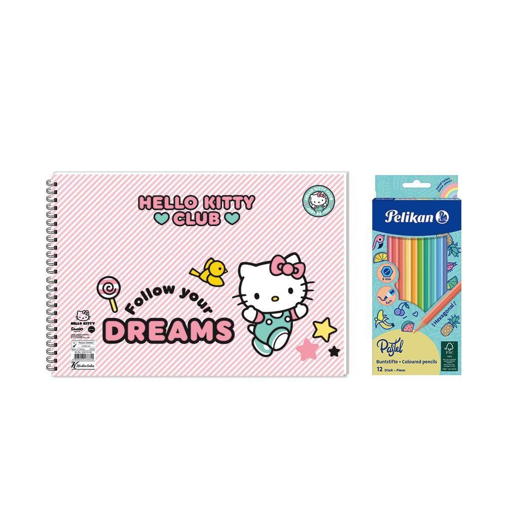 Hello Kitty 17x25 Spiralli Resim Defteri - Pelikan Pastel Renkler 12'li Kuru Boya 2'li Set 2