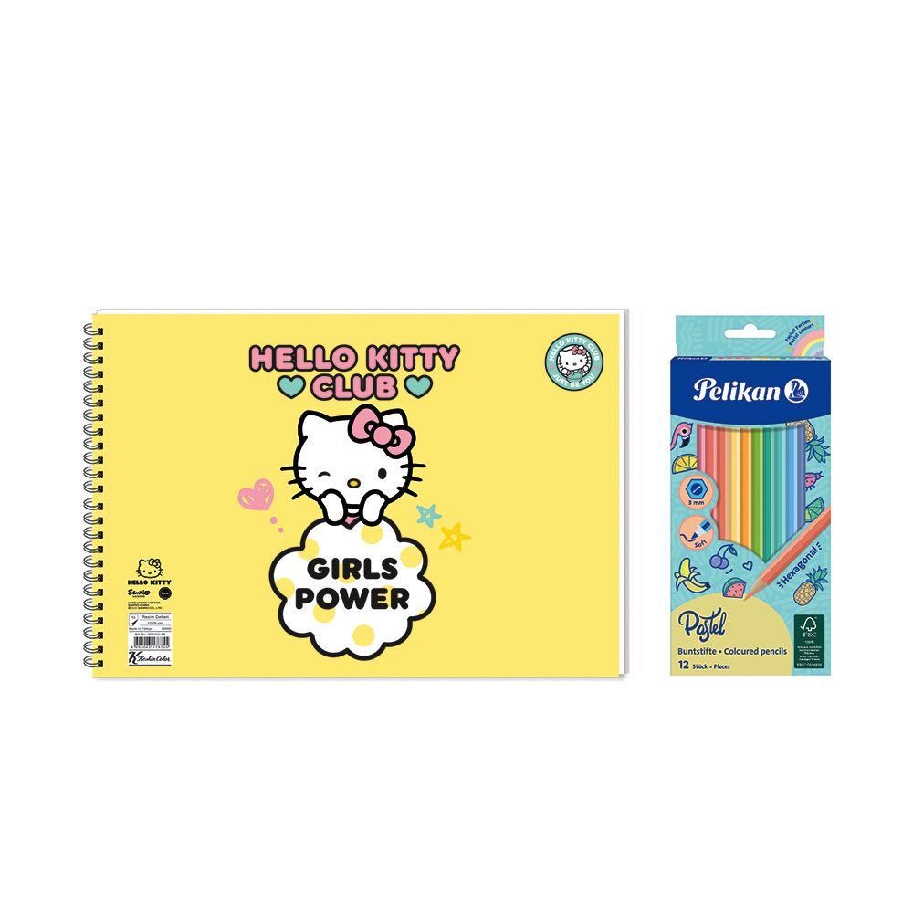 Hello Kitty 17x25 Spiralli Resim Defteri - Pelikan Pastel Renkler 12'li Kuru Boya 2'li Set 4