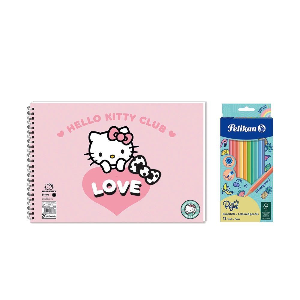 Hello Kitty 17x25 Spiralli Resim Defteri - Pelikan Pastel Renkler 12'li Kuru Boya 2'li Set