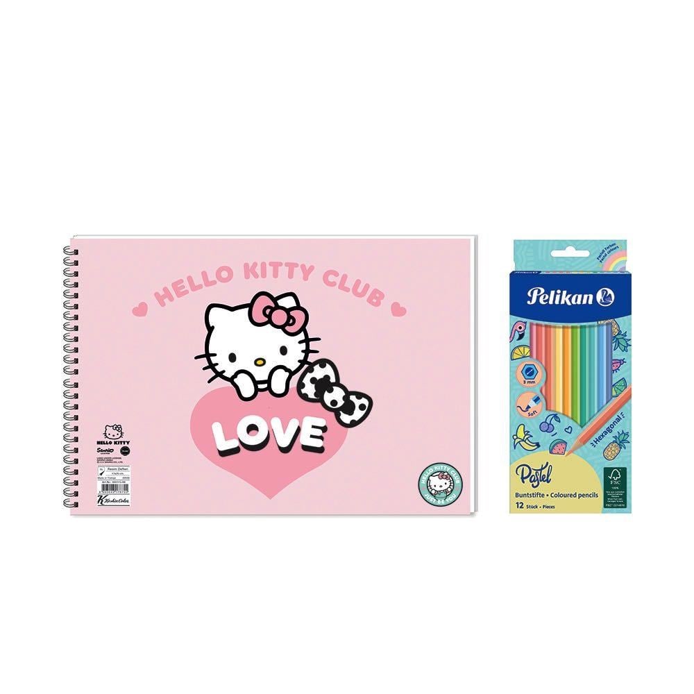 Hello Kitty 17x25  Spiralli Resim Defteri  - Pelikan Pastel Renkler 12li Kuru Boya 2'li Set