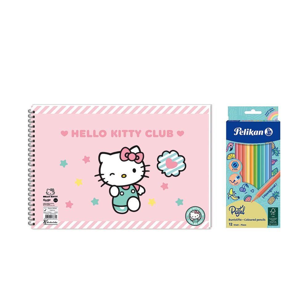 Hello Kitty 17x25 Spiralli Resim Defteri - Pelikan Pastel Renkler 12'li Kuru Boya 2'li Set 3