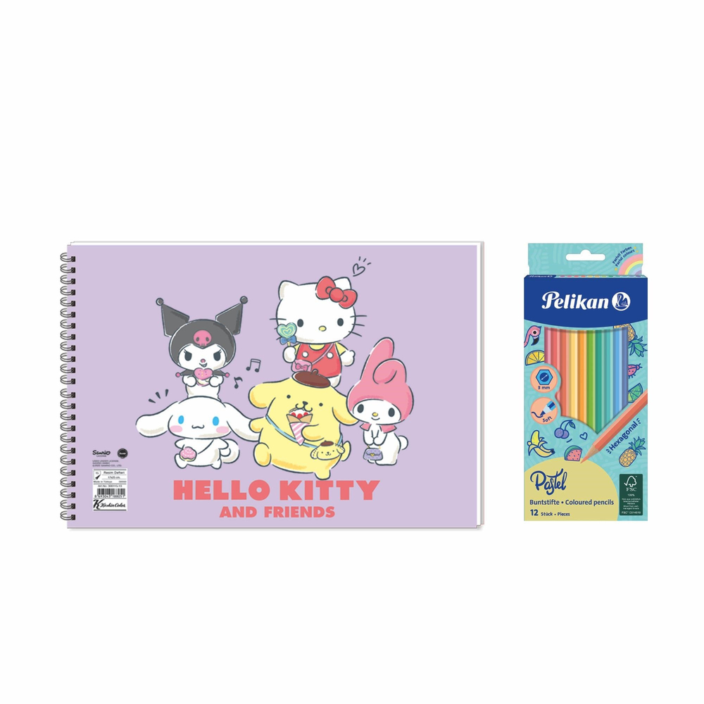 Hello Kitty And Friends 17x25 Spiralli Resim Defteri - Pelikan Pastel Renkler 12'li Kuru Boya 2'li Set 3
