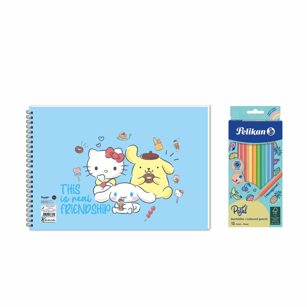 Hello Kitty And Friends 17x25 Spiralli Resim Defteri - Pelikan Pastel Renkler 12'li Kuru Boya 2'li Set 2