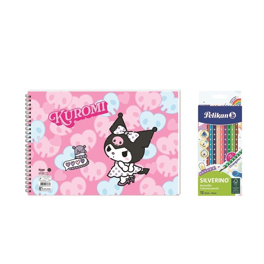 Kuromi 17x25 Spiralli Resim Defteri - Pelikan Silverino Üçgen Kuru Boya Kalemi 2'li Set