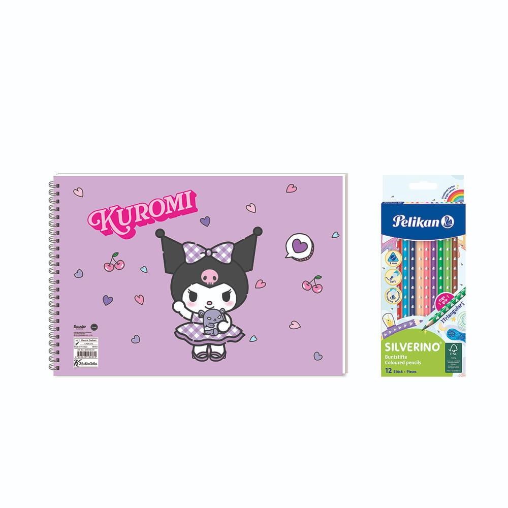 Kuromi 17x25 Spiralli Resim Defteri - Pelikan Silverino Üçgen Kuru Boya Kalemi 2'li Set 3