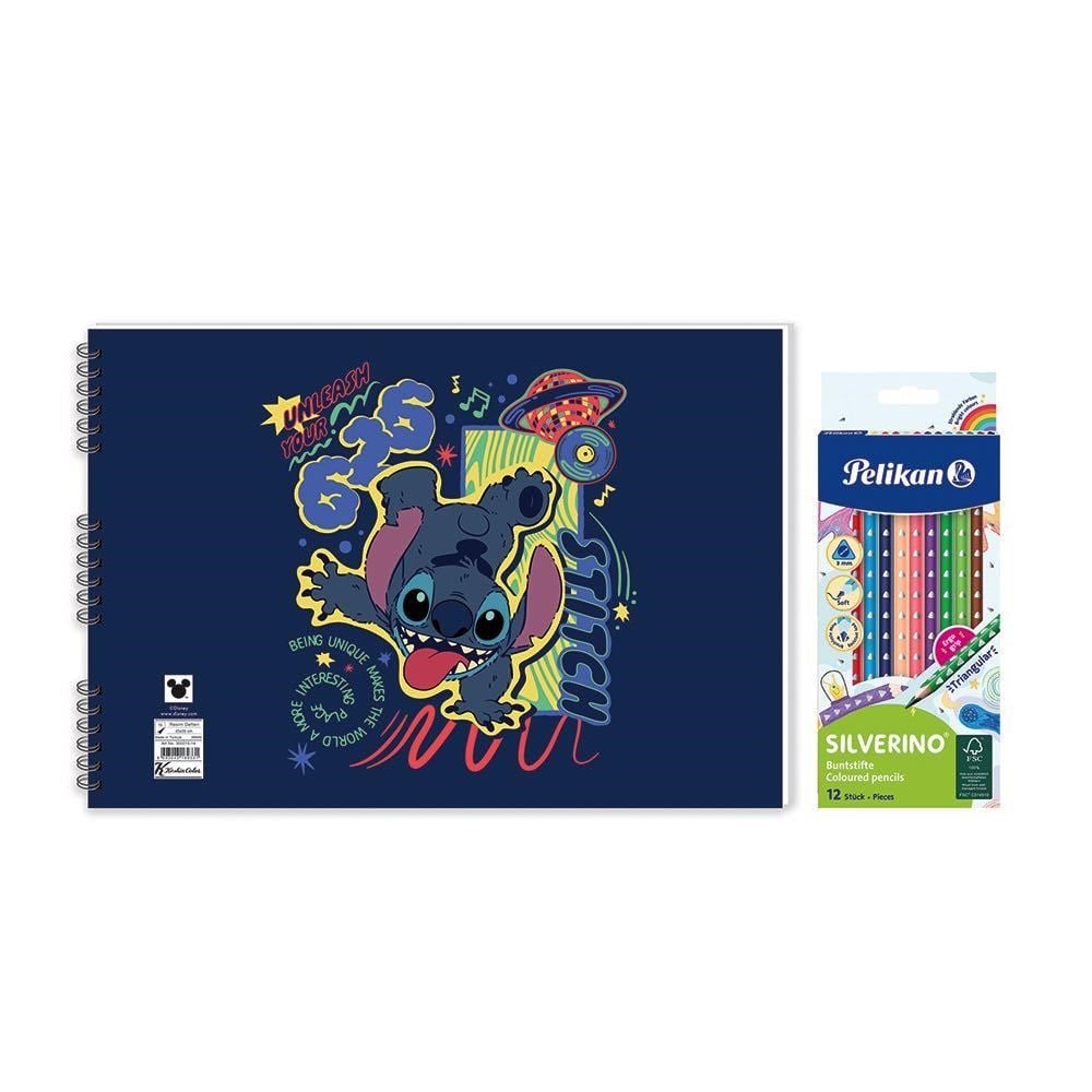 Lilo&Stitch 25*35 15 Yp. Spiralli Resim Defteri - Pelikan Silverino Üçgen Kuru Boya Kalemi 2'li Set 2